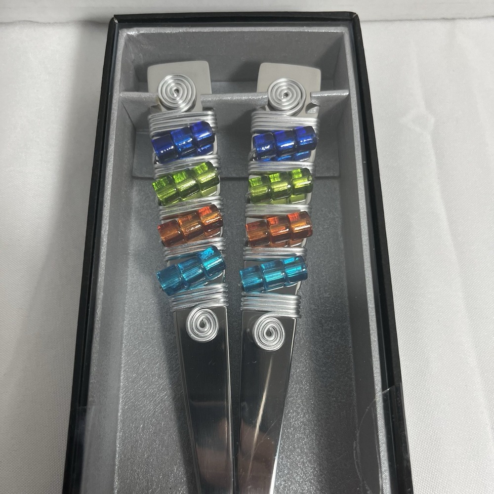 Wild Eye Designs 2 Piece Salad Server Set Colorful Wire Spiral Glass Beads NIB - Picture 3 of 5